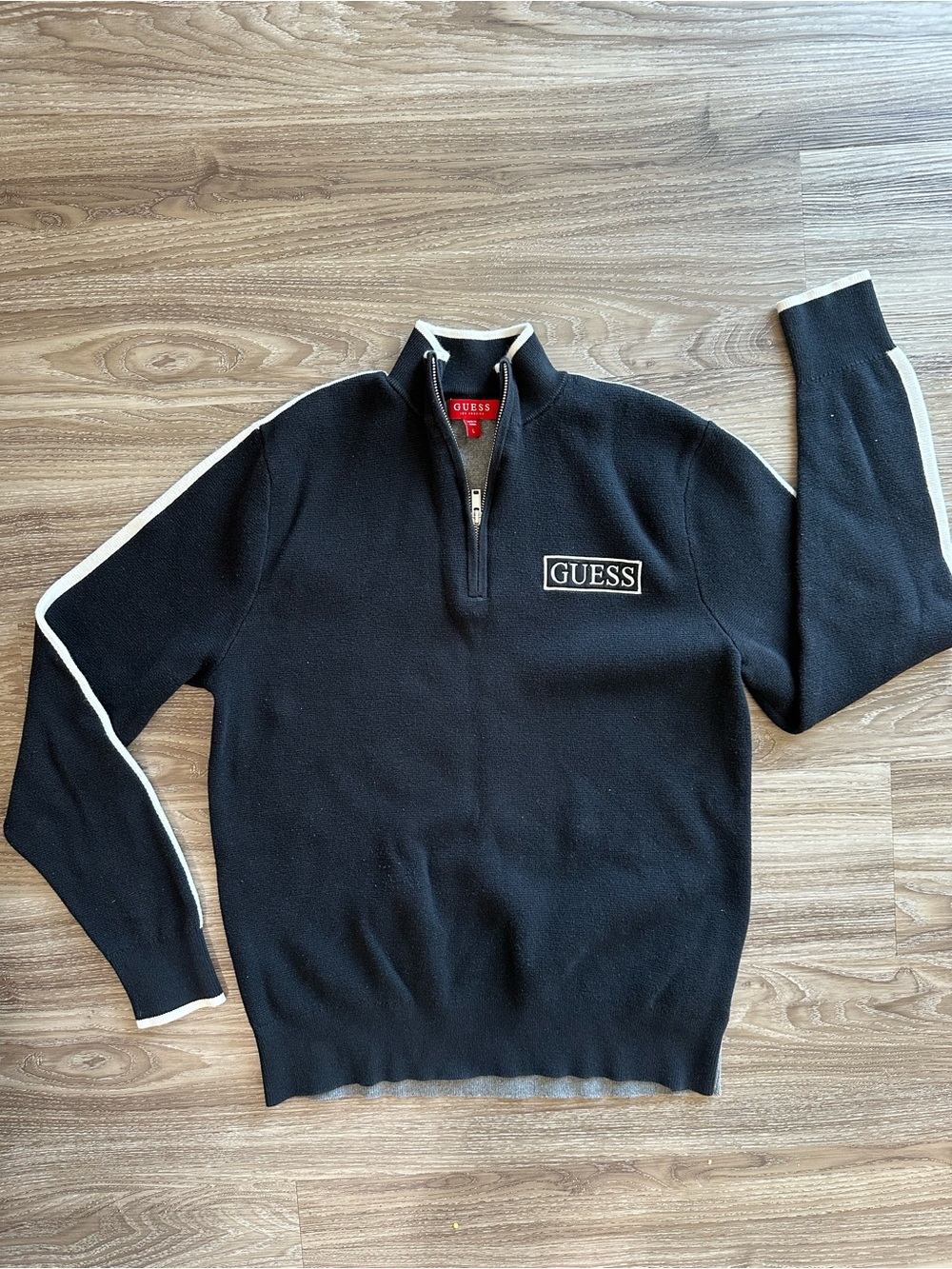 GUESS Black Zip-Up Sweater with Cream Trim
